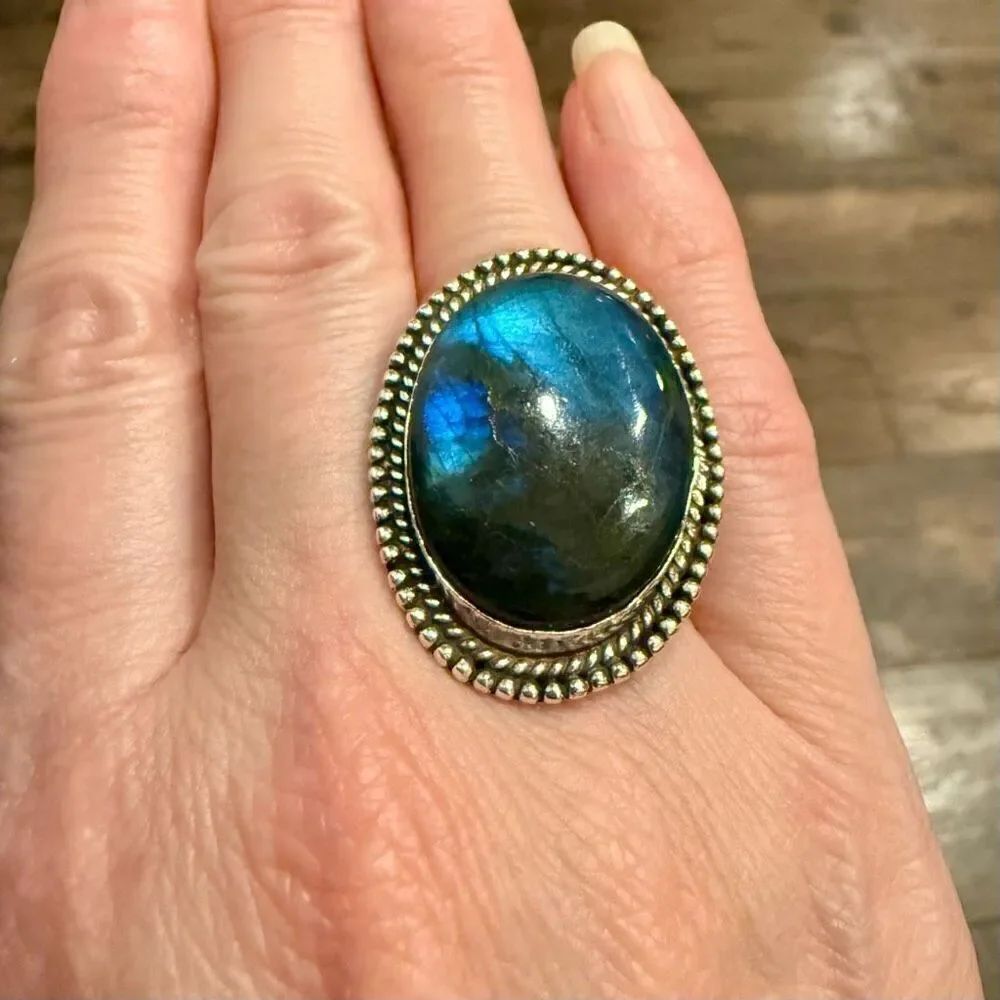 Stunning Large Oval Labradorite Sterling Silver Statement Ring Size 6 New